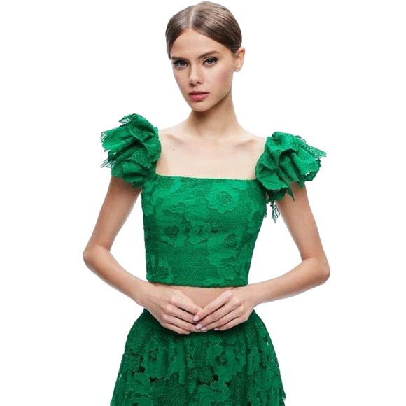 Alice + Olivia Tops - ALICE + OLIVIA TAWNY EMERALD GREEN EYELET RUFFLE CROP TOP WOMEN’S 10 NWT